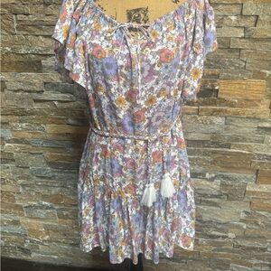 Cynthia Rowley Cottagecore Boho Floral Ruffle Tassle Tiered Mini Dress Med